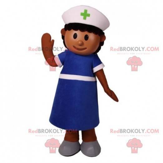 Sykepleier sykepleier maskot kledd i blått - Redbrokoly.com
