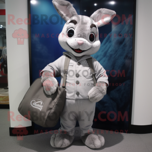 Silver Wild Rabbit mascot costume character dressed with a Jumpsuit and Handbags