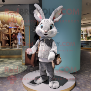 Silver Wild Rabbit mascot costume character dressed with a Jumpsuit and Handbags