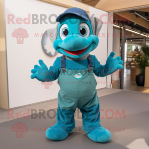 Teal Turtle mascot costume character dressed with a Dungarees and Earrings