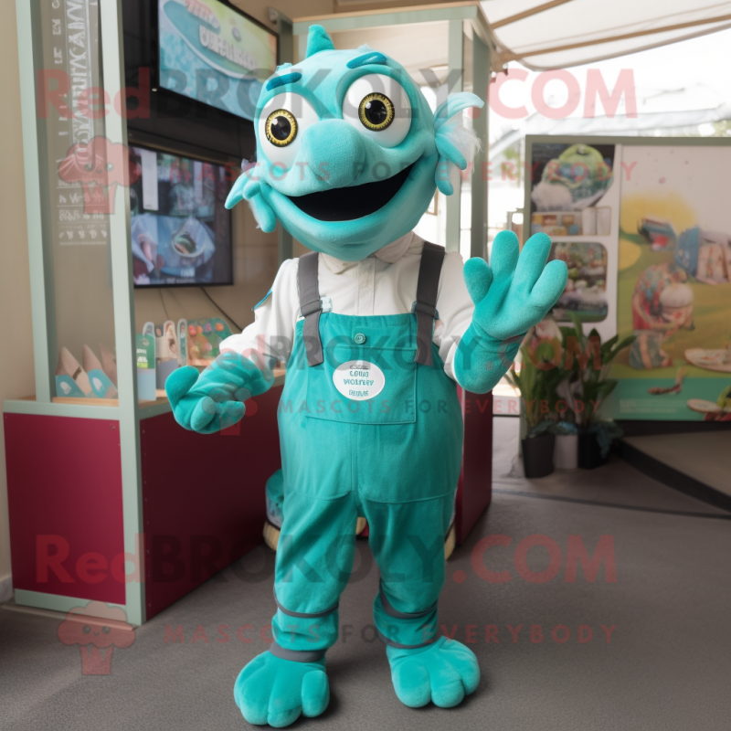 Teal Turtle mascot costume character dressed with a Dungarees and Earrings