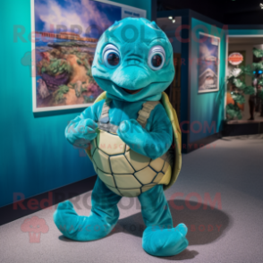 Teal Turtle mascot costume character dressed with a Dungarees and Earrings