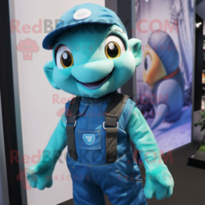 Teal Turtle mascot costume character dressed with a Dungarees and Earrings