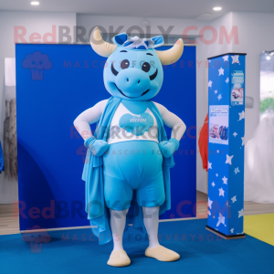 Blue Bull mascot costume character dressed with a One-Piece Swimsuit and Scarves