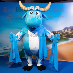 Blue Bull mascot costume character dressed with a One-Piece Swimsuit and Scarves