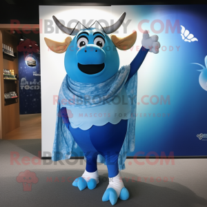 Blue Bull mascot costume character dressed with a One-Piece Swimsuit and Scarves