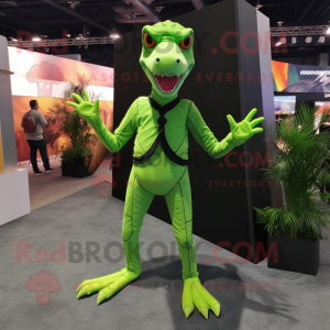 Lime Green Dimorphodon mascot costume character dressed with a Bodysuit and Suspenders