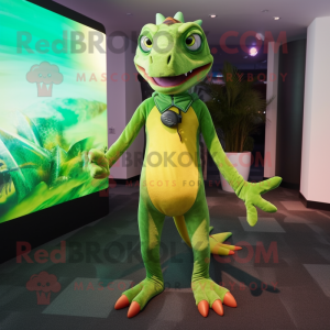 Lime Green Dimorphodon mascot costume character dressed with a Bodysuit and Suspenders