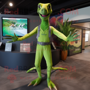 Lime Green Dimorphodon mascot costume character dressed with a Bodysuit and Suspenders