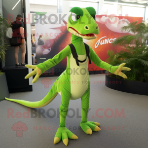 Lime Green Dimorphodon mascot costume character dressed with a Bodysuit and Suspenders