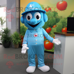 Cyan Cherry mascot costume character dressed with a Button-Up Shirt and Caps