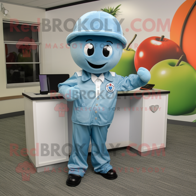 Cyan Cherry mascot costume character dressed with a Button-Up Shirt and Caps Cyan Cherry mascot costume character dressed with a Button-Up Shirt and Caps