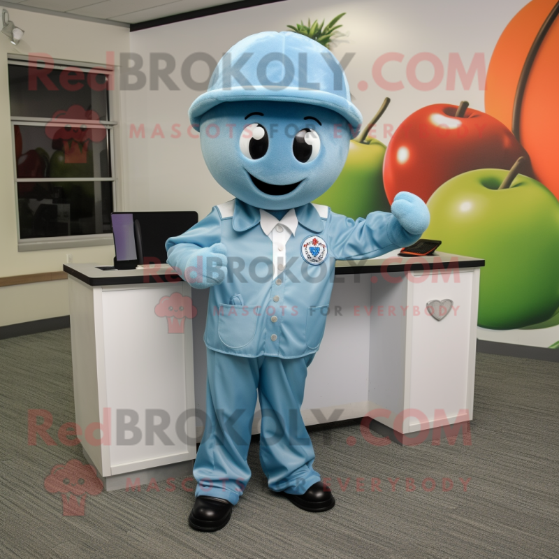 Cyan Cherry mascot costume character dressed with a Button-Up Shirt and Caps