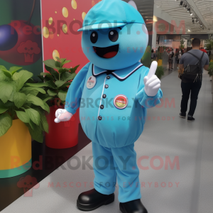 Cyan Cherry mascot costume character dressed with a Button-Up Shirt and Caps