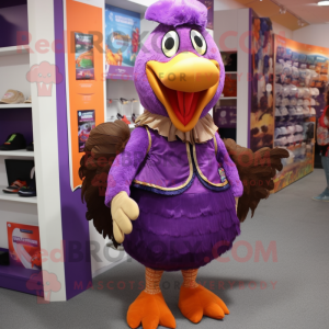 Purple Turkey mascot costume character dressed with a Blouse and Shoe clips