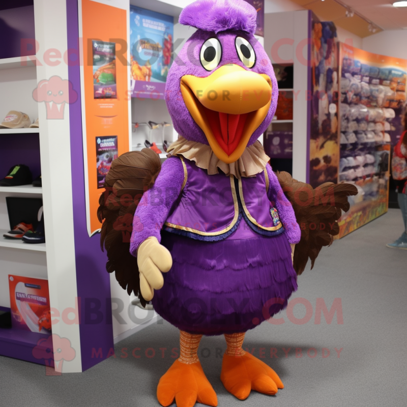 Purple Turkey mascot costume character dressed with a Blouse and Shoe clips Purple Turkey mascot costume character dressed with a Blouse and Shoe clips