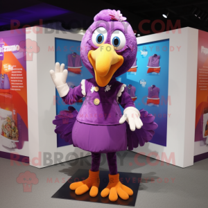 Purple Turkey mascot costume character dressed with a Blouse and Shoe clips