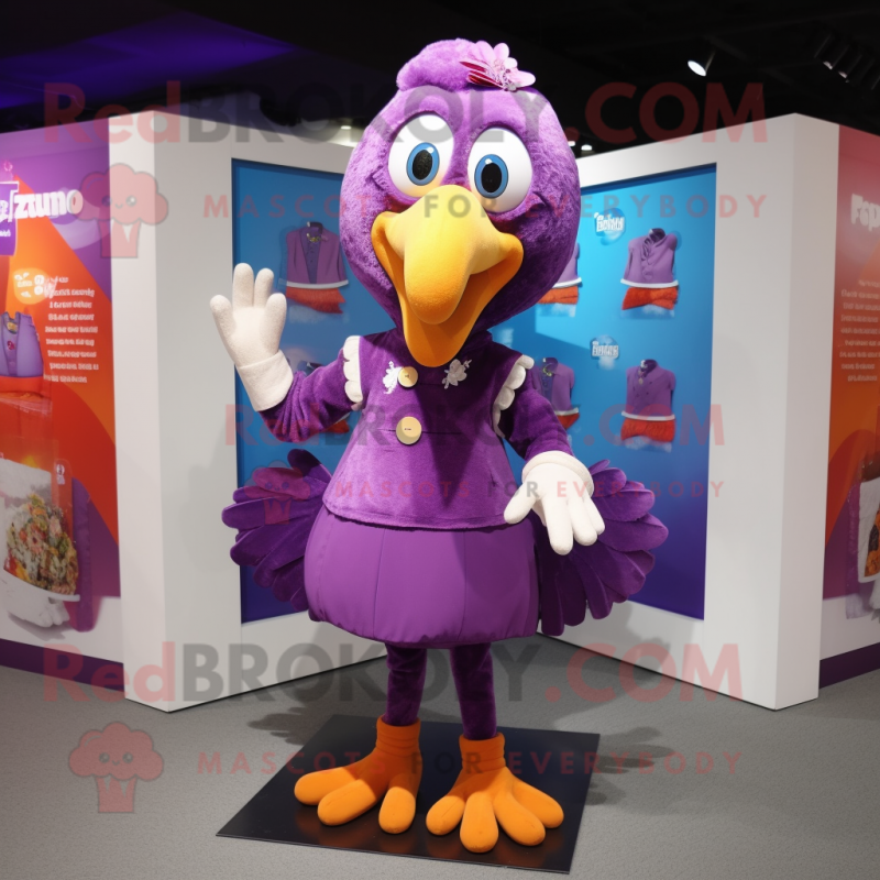 Purple Turkey mascot costume character dressed with a Blouse and Shoe clips Purple Turkey mascot costume character dressed with a Blouse and Shoe clips