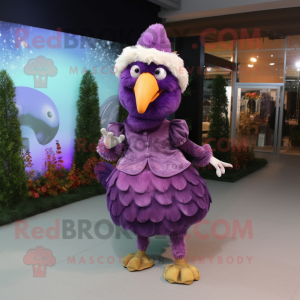 Purple Turkey mascot costume character dressed with a Blouse and Shoe clips