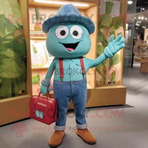 Teal Pepper mascot costume character dressed with a Chambray Shirt and Clutch bags