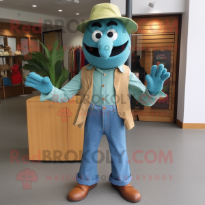 Teal Pepper mascot costume character dressed with a Chambray Shirt and Clutch bags