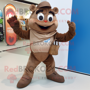 Brown Contortionist mascot costume character dressed with a Jeans and Tote bags