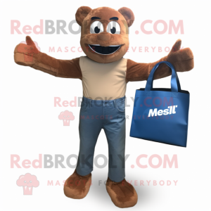 Brown Contortionist mascot costume character dressed with a Jeans and Tote bags