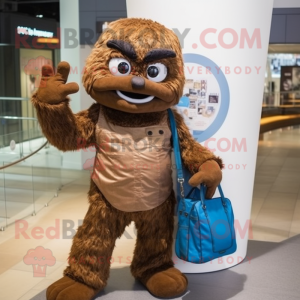 Brown Contortionist mascot costume character dressed with a Jeans and Tote bags