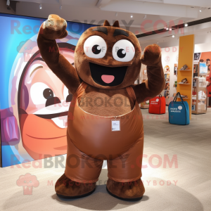 Brown Contortionist mascot costume character dressed with a Jeans and Tote bags