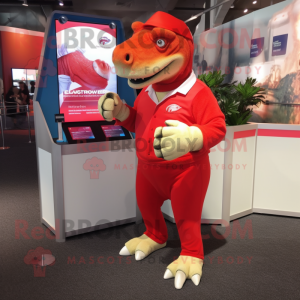 Red Iguanodon mascot costume character dressed with a Shorts and Cufflinks