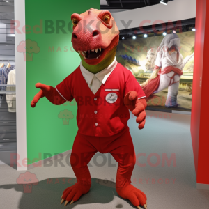 Red Iguanodon mascot costume character dressed with a Shorts and Cufflinks