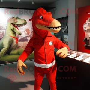 Red Iguanodon mascot costume character dressed with a Shorts and Cufflinks