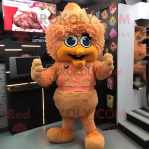 Peach Fried Chicken mascot costume character dressed with a Leggings and Suspenders