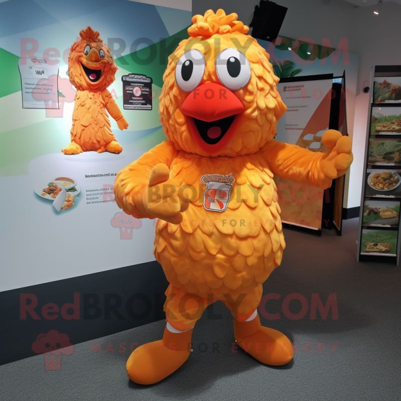 Peach Fried Chicken mascot costume character dressed with a Leggings and Suspenders Peach Fried Chicken mascot costume character dressed with a Leggings and Suspenders