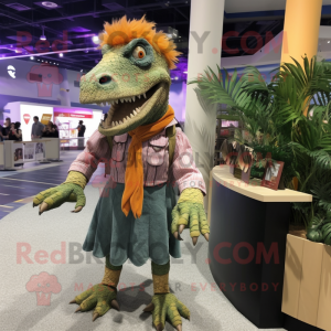 nan Spinosaurus mascot costume character dressed with a Corduroy Pants and Hair clips