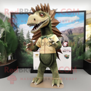 nan Spinosaurus mascot costume character dressed with a Corduroy Pants and Hair clips