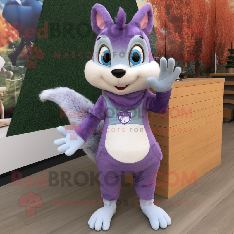 Lavender Squirrel mascot costume character dressed with a Capri Pants and Rings