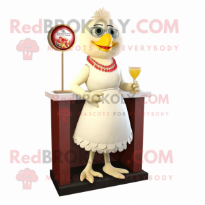 Cream Hens mascot costume character dressed with a Cocktail Dress and Bracelet watches