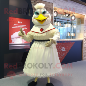 Cream Hens mascot costume character dressed with a Cocktail Dress and Bracelet watches
