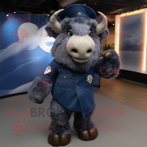 Navy Buffalo mascot costume character dressed with a Henley Tee and Hair clips