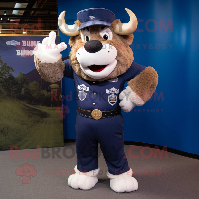 Navy Buffalo mascot costume character dressed with a Henley Tee and Hair clips Navy Buffalo mascot costume character dressed with a Henley Tee and Hair clips