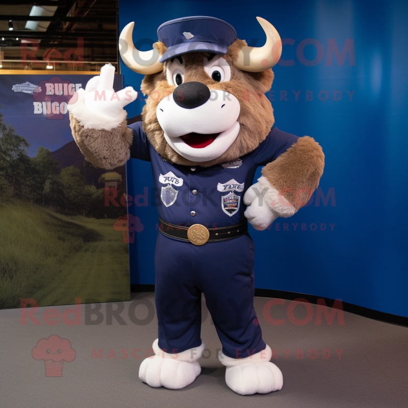 Navy Buffalo mascot costume character dressed with a Henley Tee and Hair clips