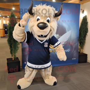 Navy Buffalo mascot costume character dressed with a Henley Tee and Hair clips