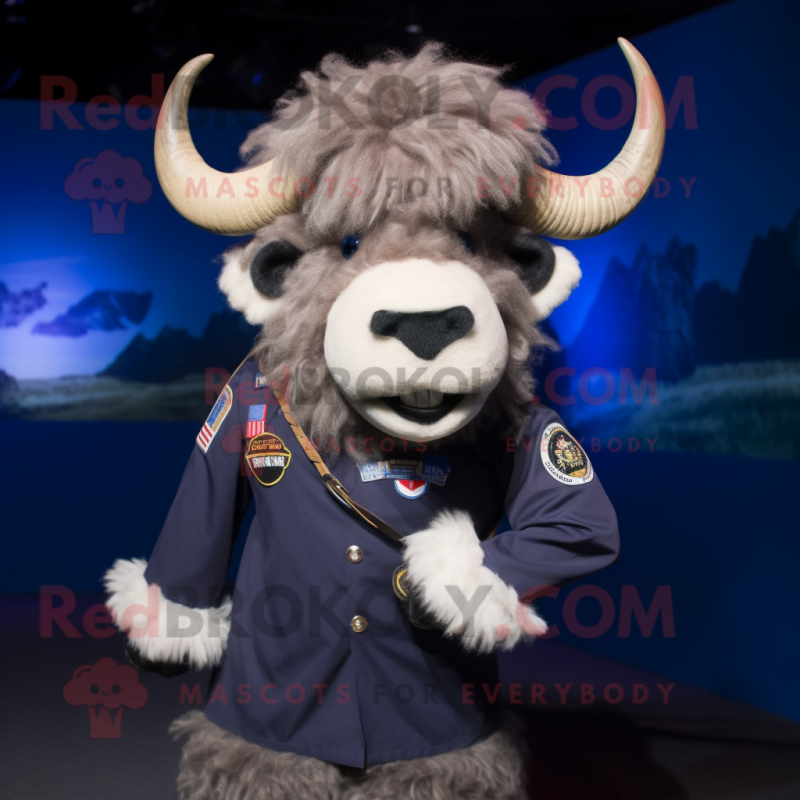 Navy Buffalo mascot costume character dressed with a Henley Tee and Hair clips