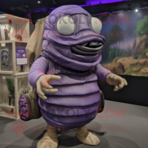 Purple Trilobite mascot costume character dressed with a Cargo Pants and Handbags