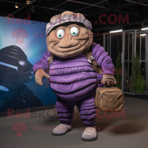 Purple Trilobite mascot costume character dressed with a Cargo Pants and Handbags