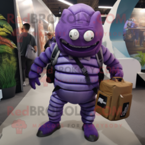 Purple Trilobite mascot costume character dressed with a Cargo Pants and Handbags