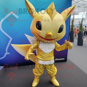 Gold Swordfish mascot costume character dressed with a Playsuit and Backpacks