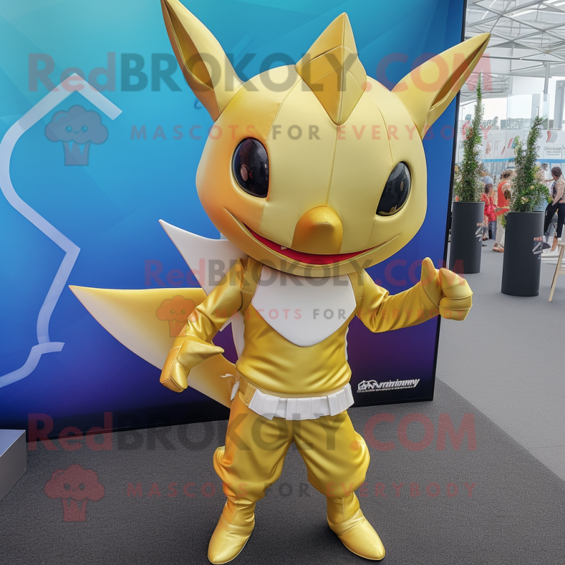 Gold Swordfish mascot costume character dressed with a Playsuit and Backpacks