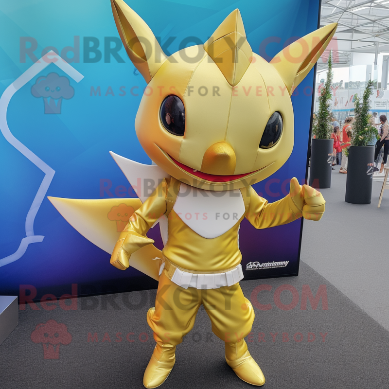 Gold Swordfish mascot costume character dressed with a Playsuit and Backpacks Gold Swordfish mascot costume character dressed with a Playsuit and Backpacks